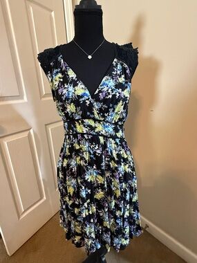 Speechless Black Floral Midi Dress with Blue, Yellow & Purple Print